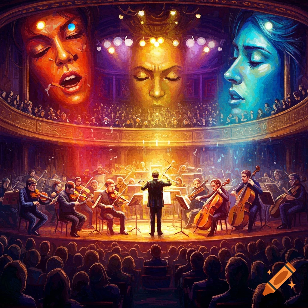 A vibrant image of an orchestra playing in a concert hall with stylized faces above.