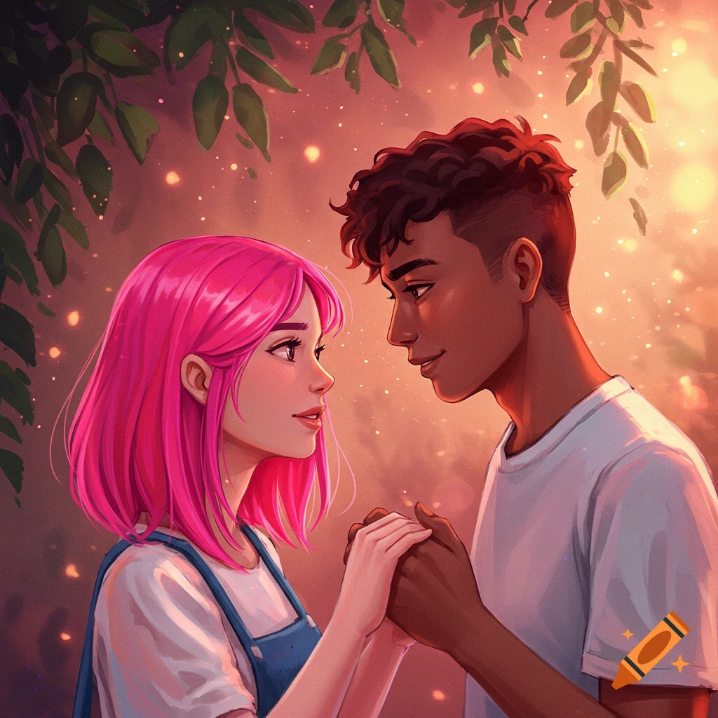 A young man and woman holding hands and looking at each other in a sun-dappled outdoor setting.