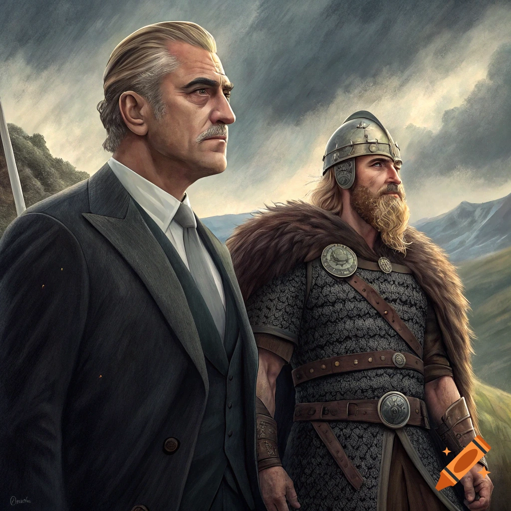Two men, one in a suit and one in Viking armor, stand side-by-side in a landscape.