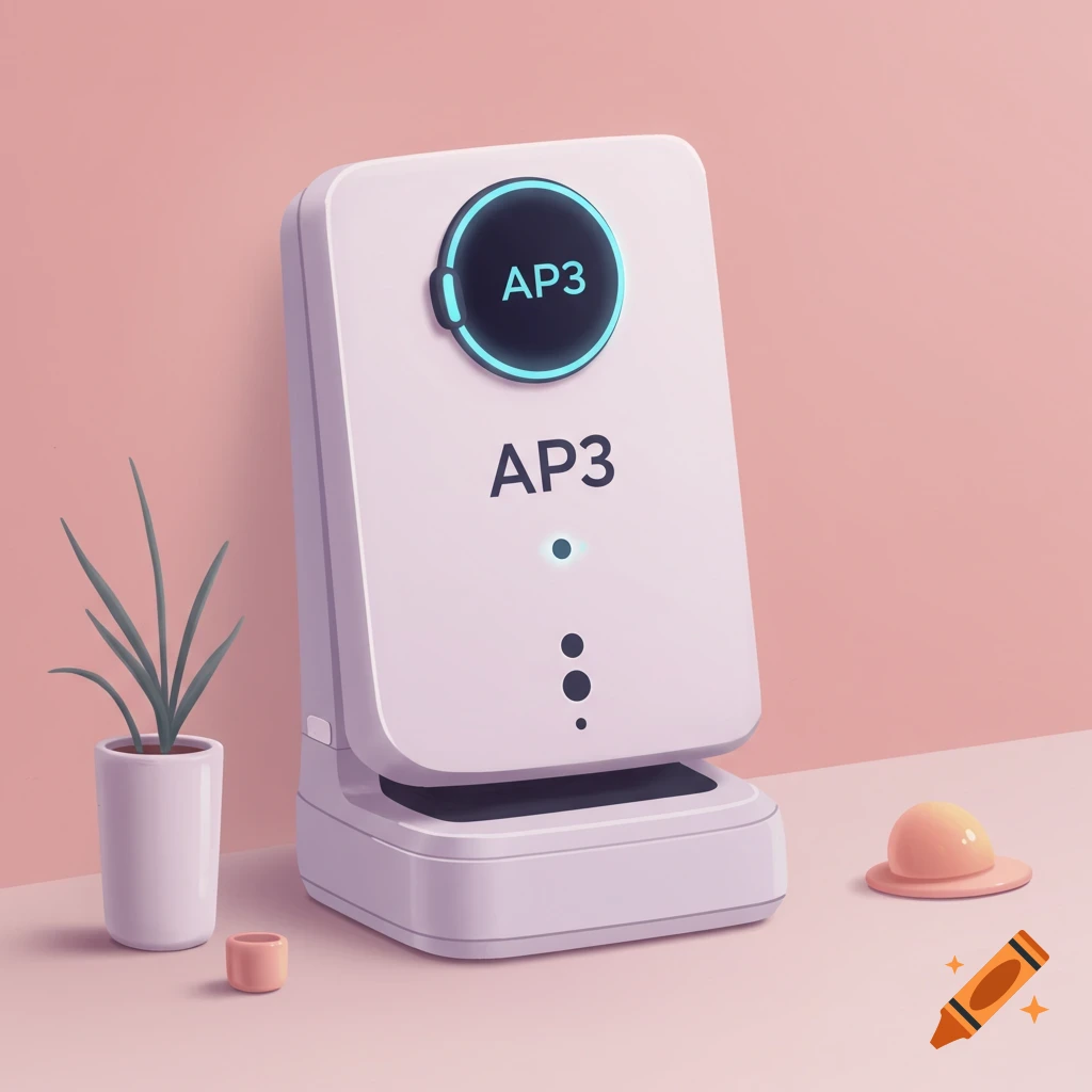 A white device labeled AP3 is on a pink surface with a small plant.