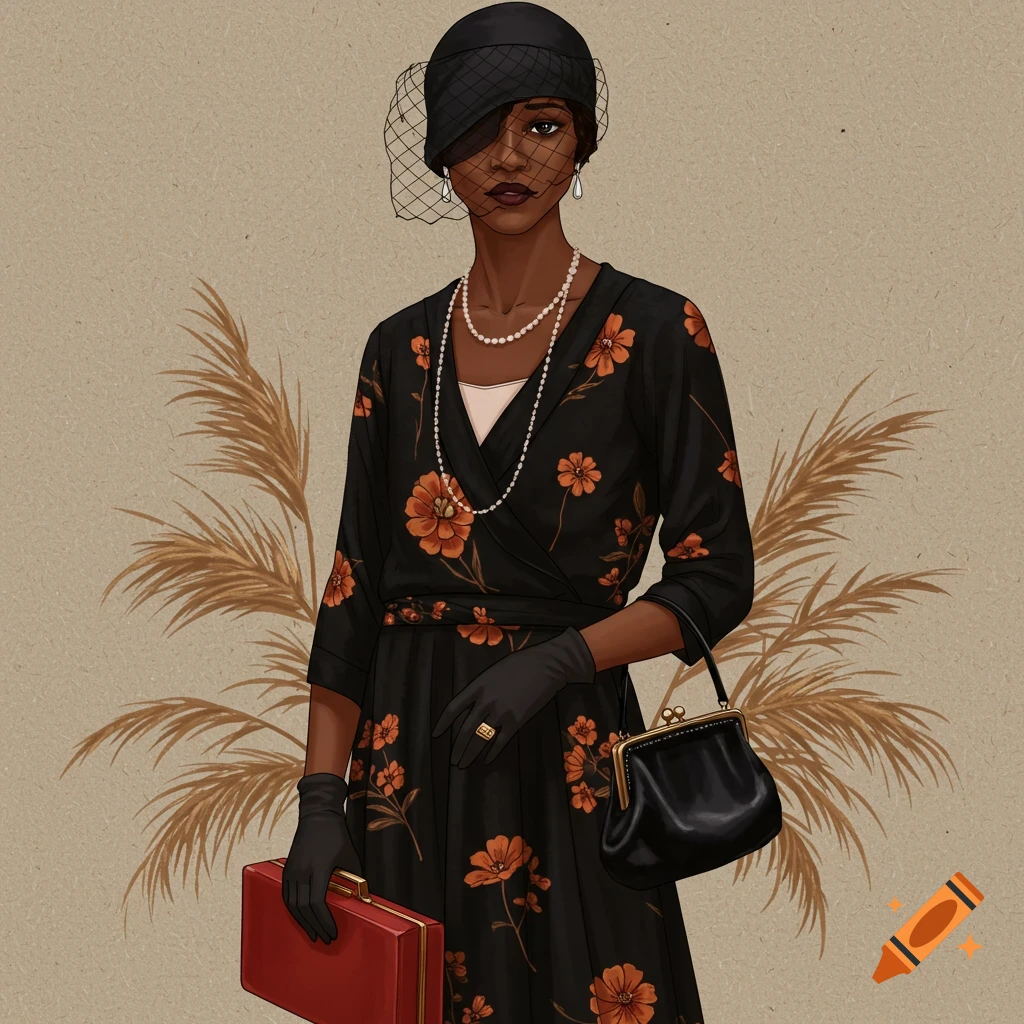 A Black woman in a black floral dress, hat with veil, holding a red case and black purse.