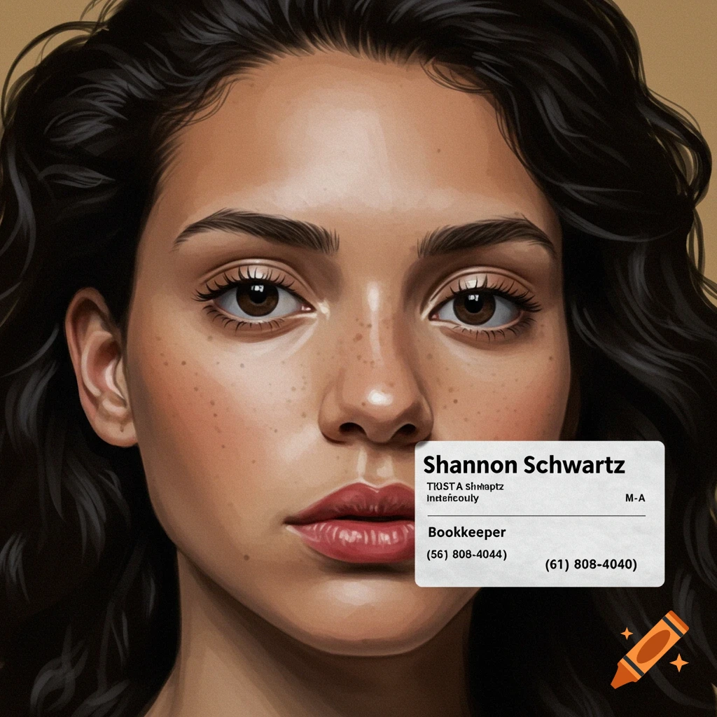 A woman's face with a business card overlay showing name and job title.