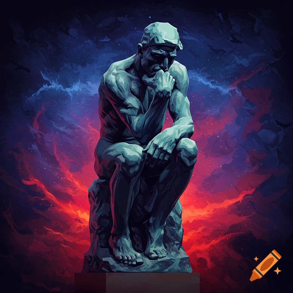 Rodin's The Thinker statue against a dramatic red and blue cosmic background.