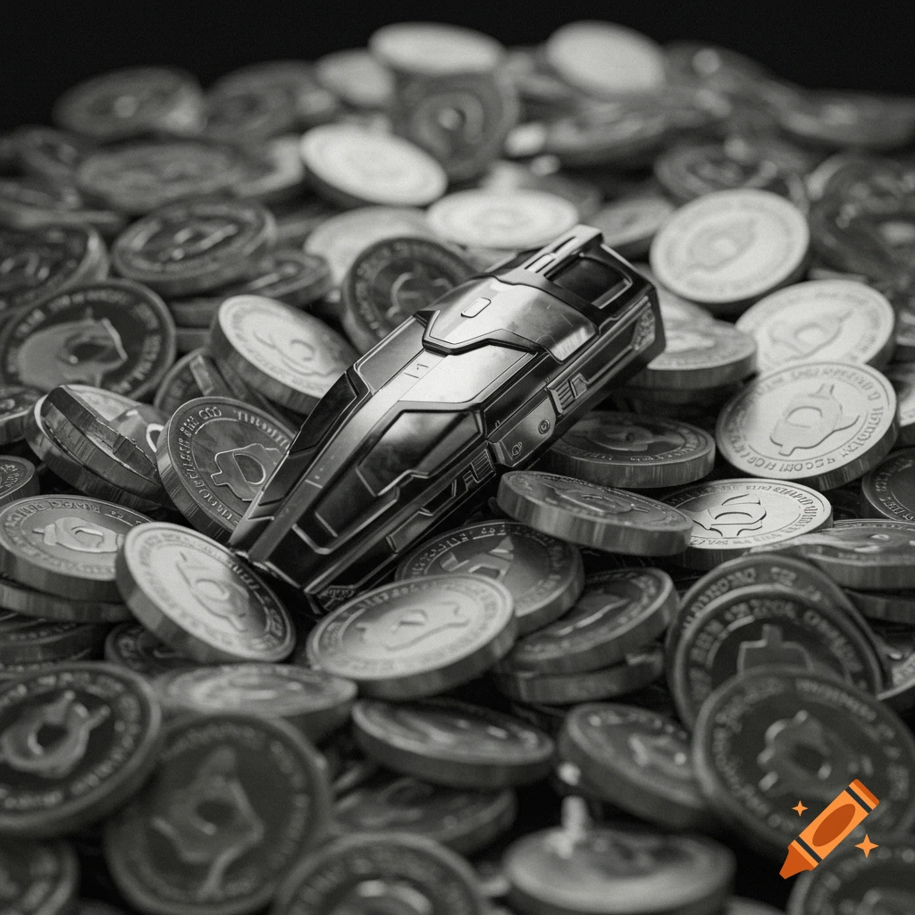 A close-up black and white shot of a silver futuristic object resting on a large pile of silver coins.