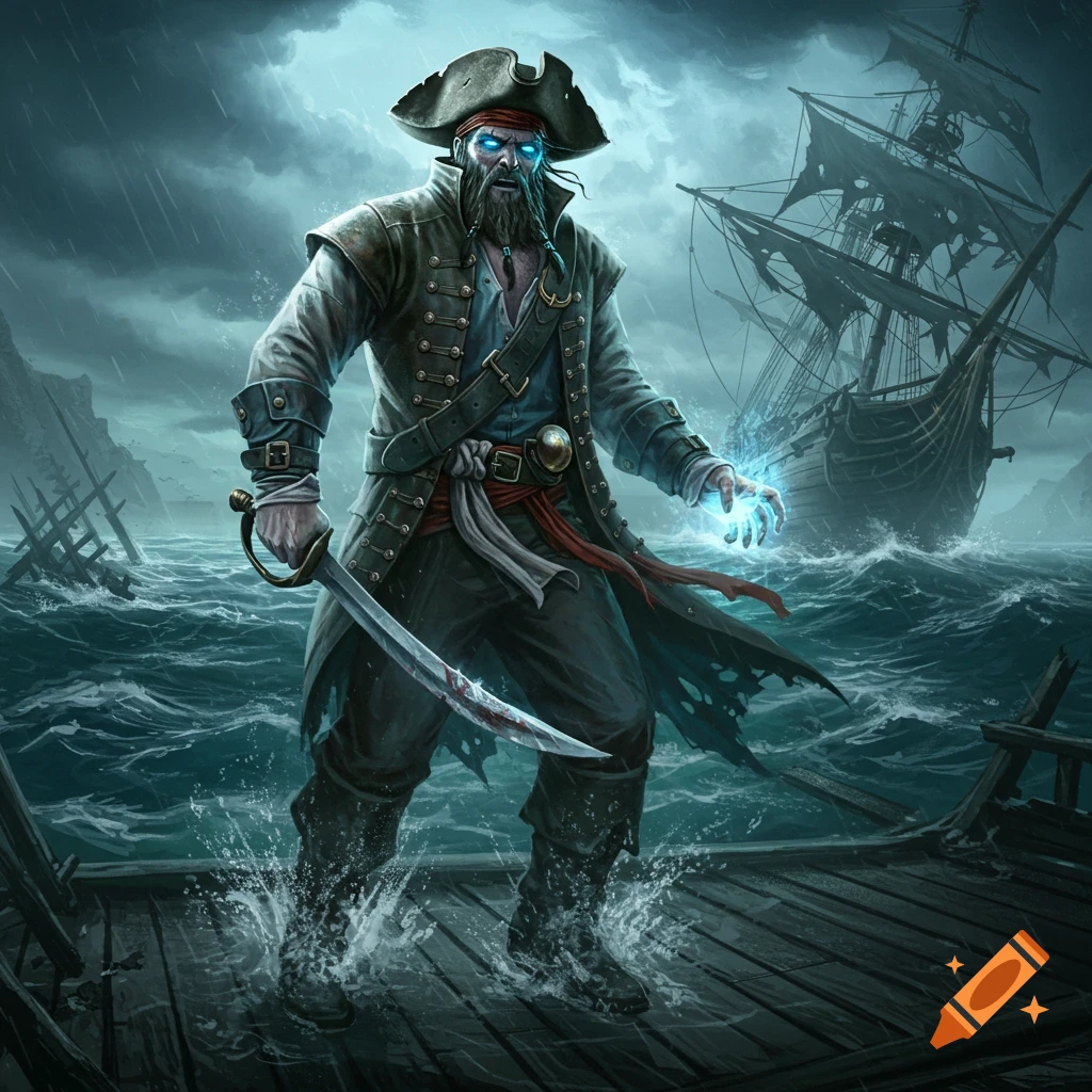 A ghost pirate with glowing eyes and hand stands on a ship deck in a ...