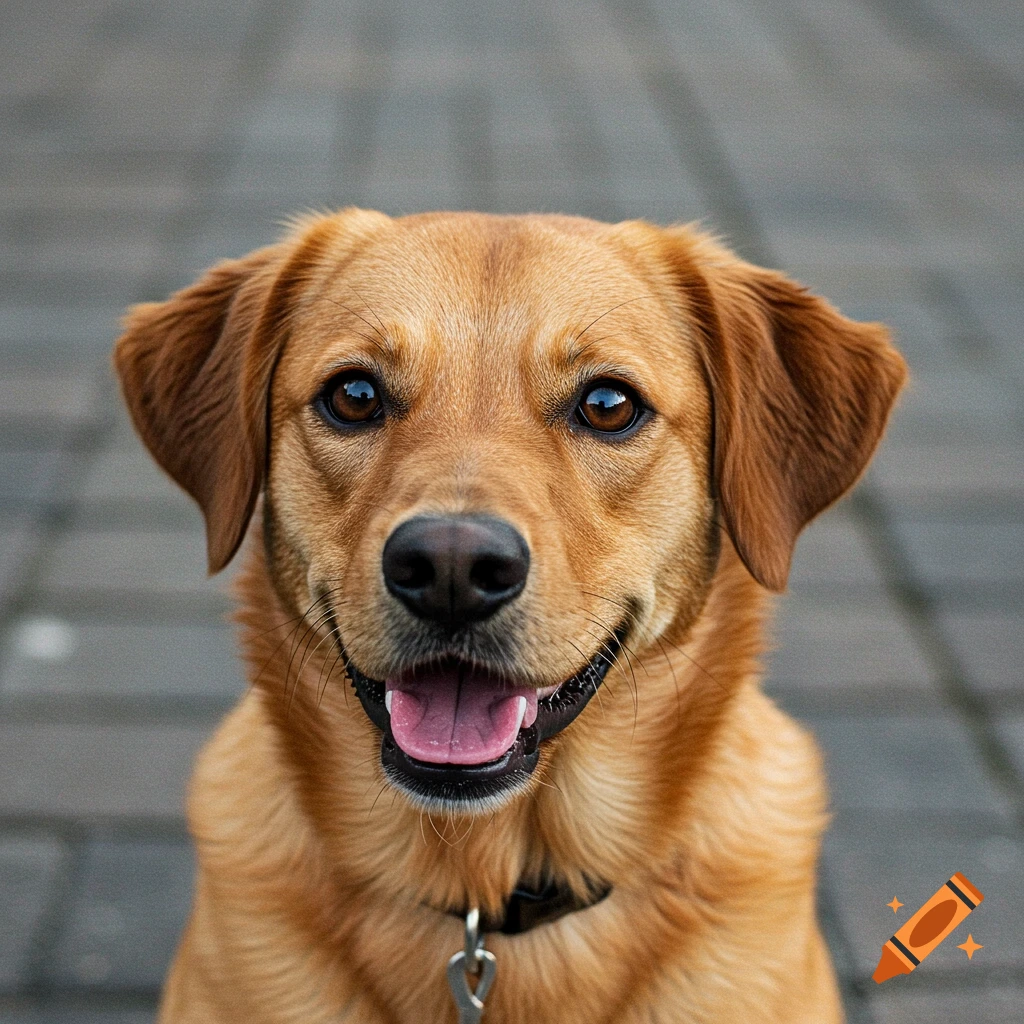 A close-up portrait of a brown dog with a happy expression.