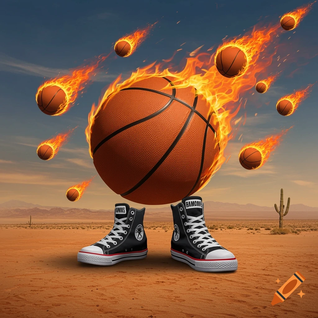 A flaming basketball with shoes stands in a desert as flaming basketballs fall from the sky.