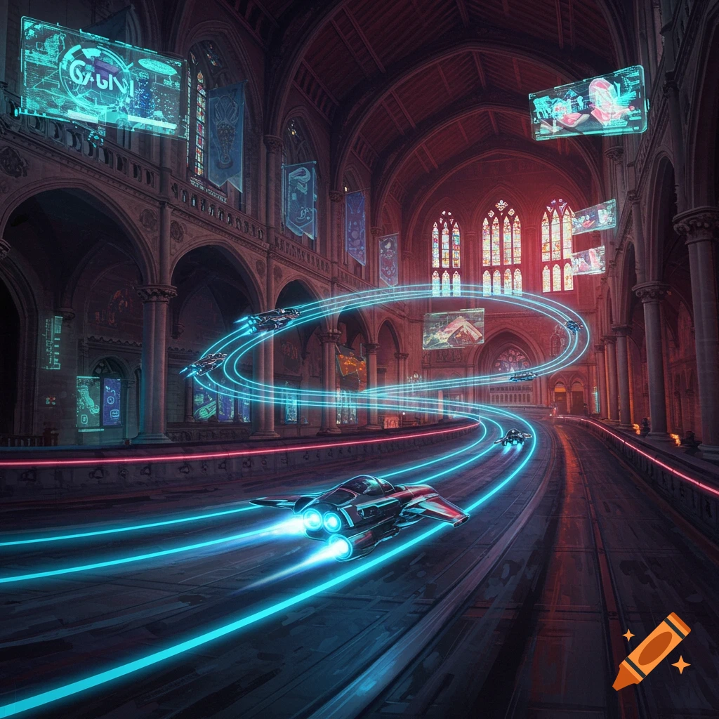 Futuristic spacecraft racing through a grand old university hall.