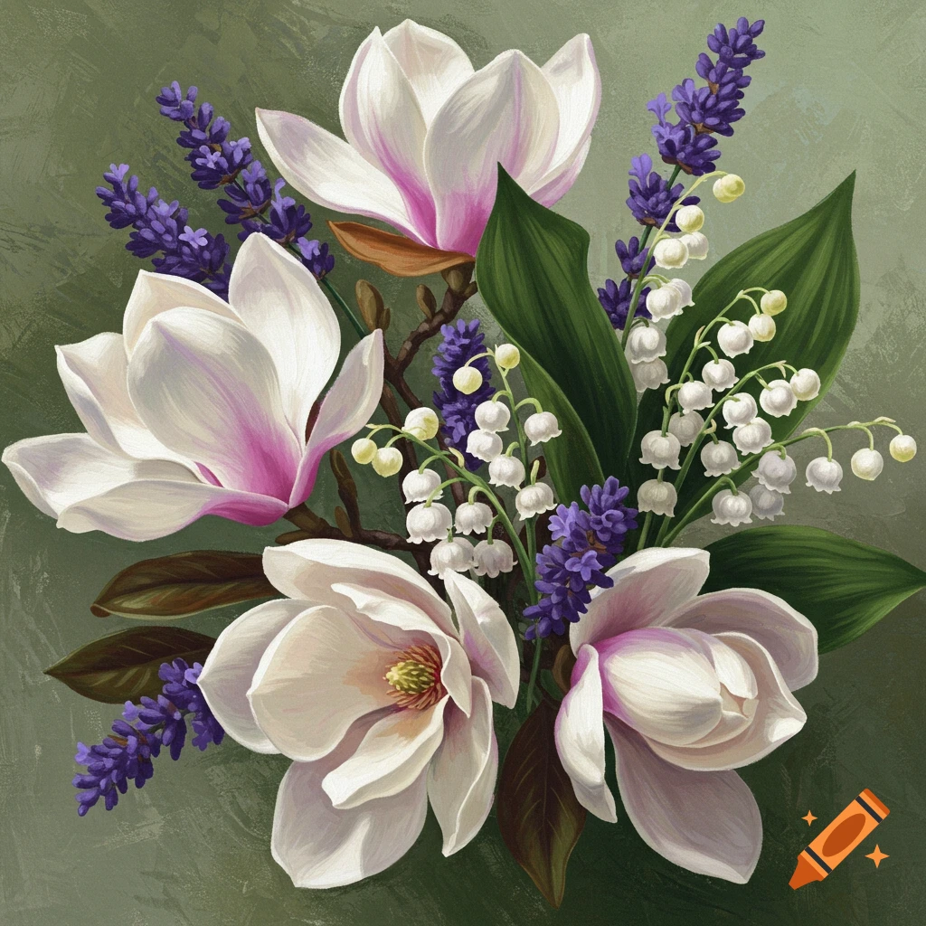 A bouquet of white magnolias, lily of the valley, and purple lavender flowers.