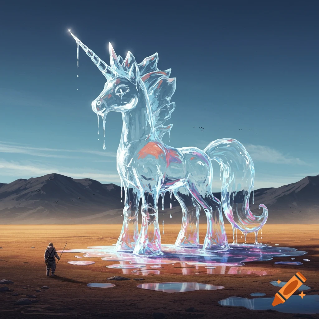 A melting ice unicorn stands in a desert landscape with mountains in the background.