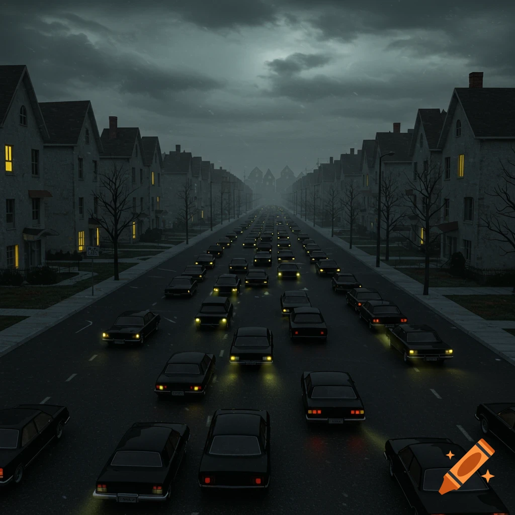 A dark, mysterious street in a suburban development with black cars stuck in a traffic jam under a stormy sky.