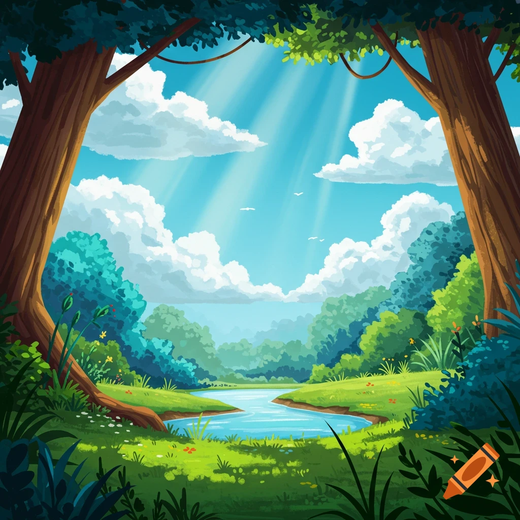 A sunny forest landscape with a winding river.