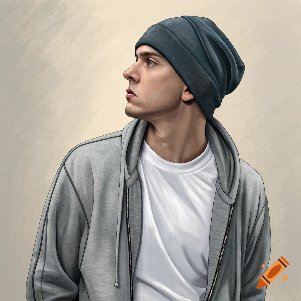Digital art portrait of a man wearing a beanie and hoodie looking left.