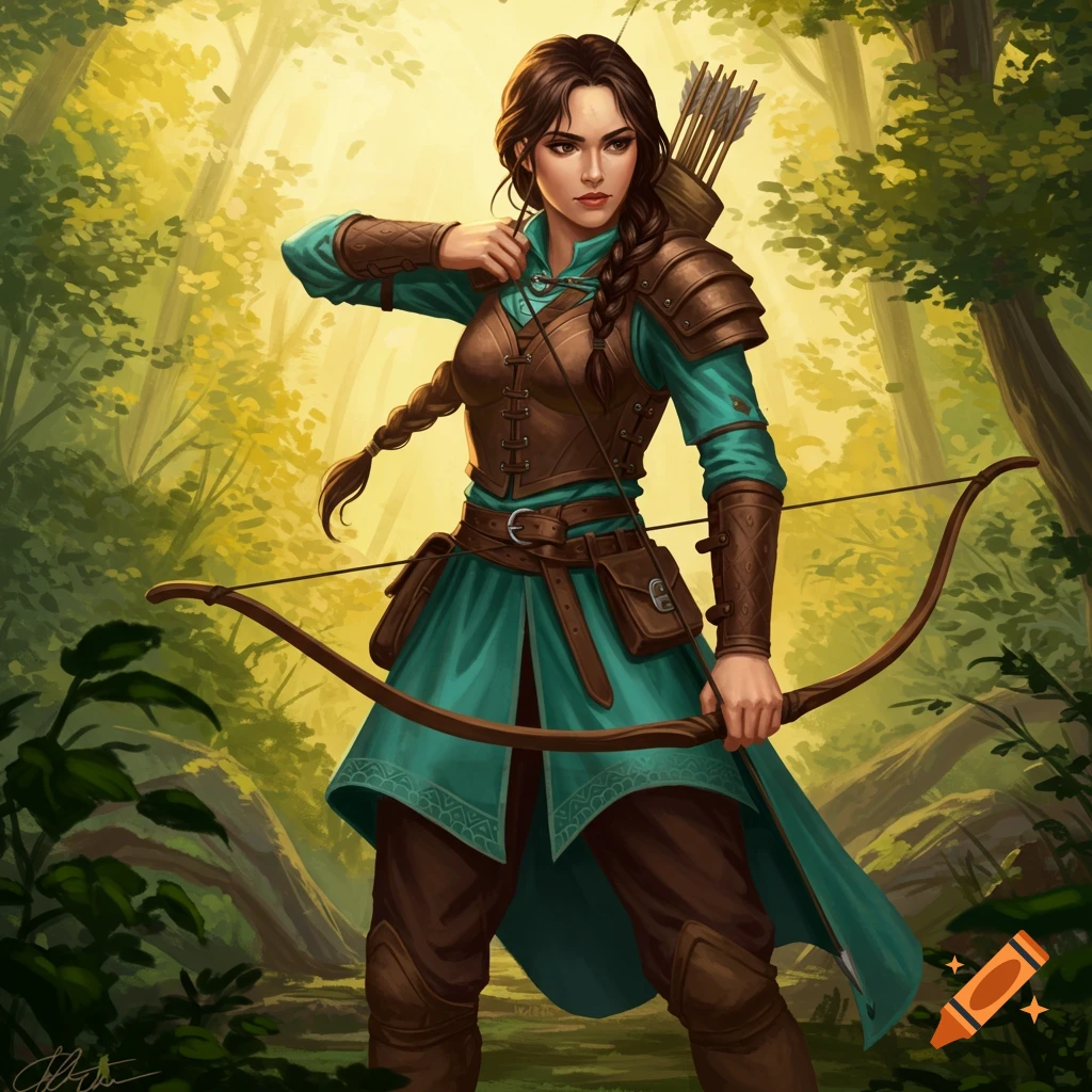 A female archer draws her bow in a sunlit fantasy forest.