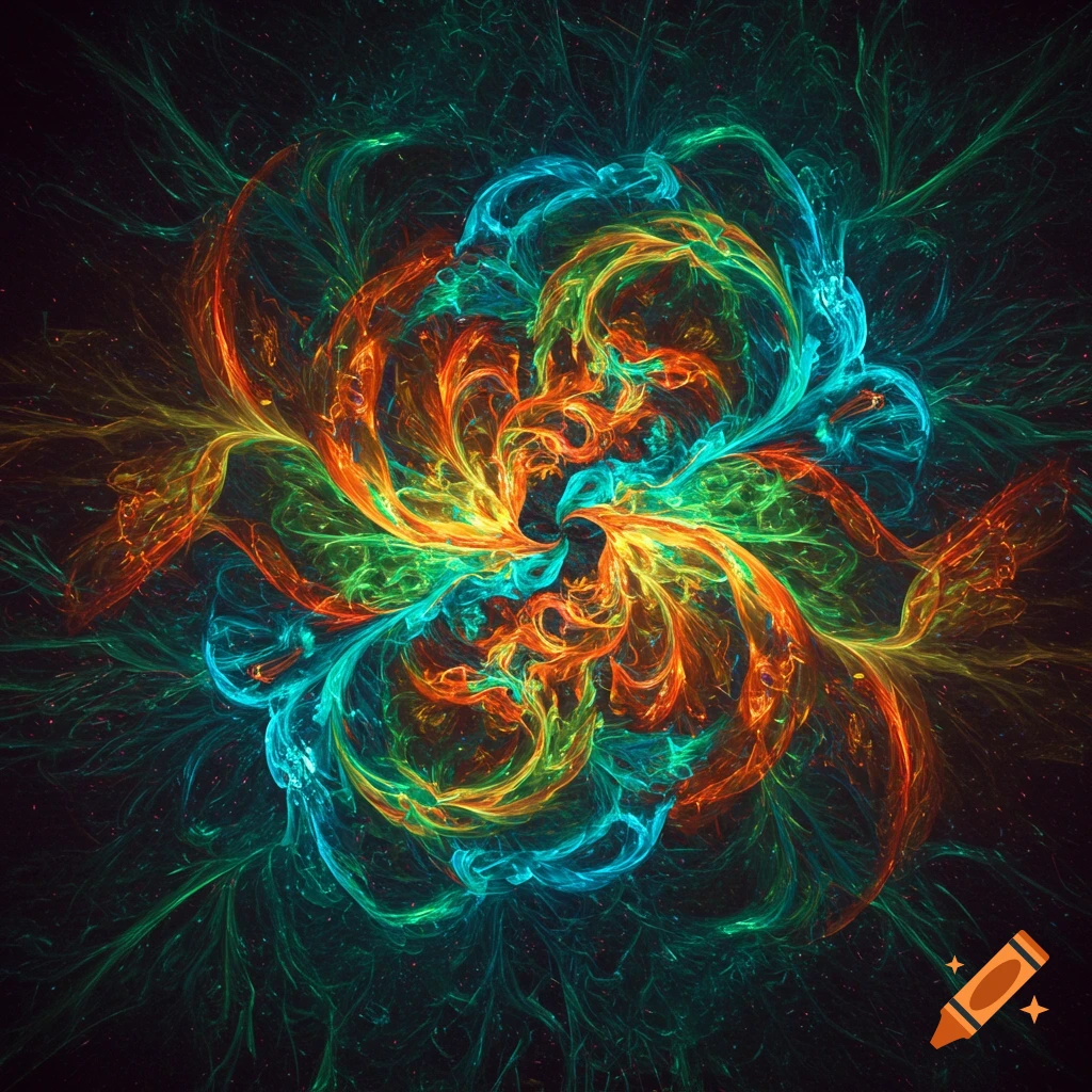 Vibrant swirling abstract fractal pattern in orange, blue, yellow, and green on black.