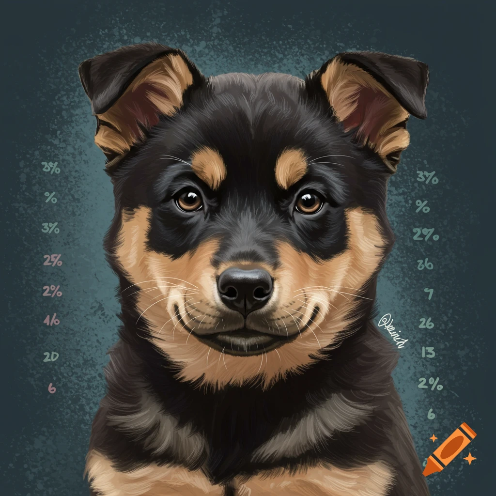 A black and tan puppy with numbers and percentages on the sides.
