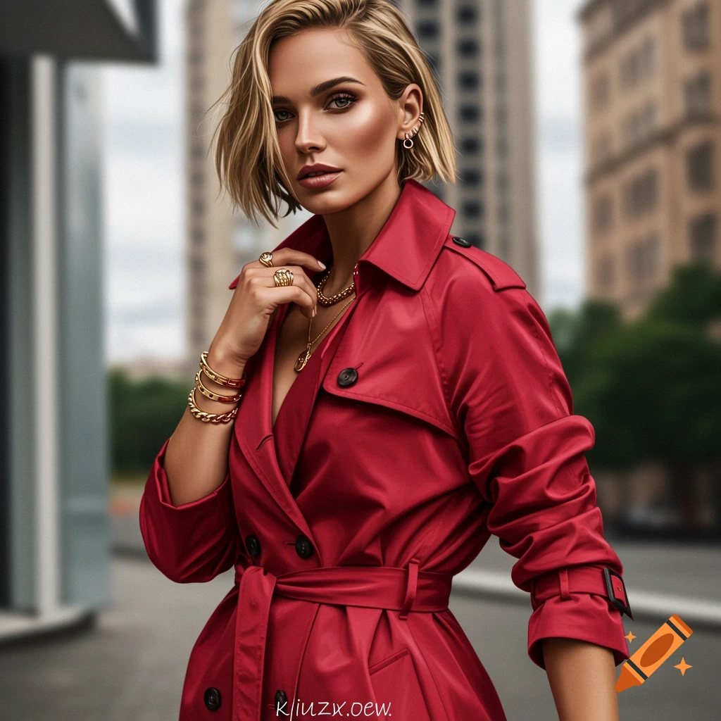 A woman in a red trench coat and gold jewelry poses in a city street, fashion photography style.