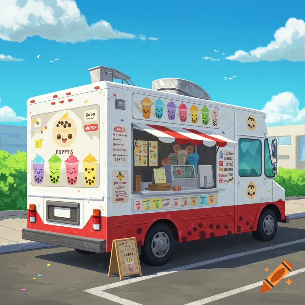 A cartoon illustration of a white and red boba food truck parked on a street under a blue sky.