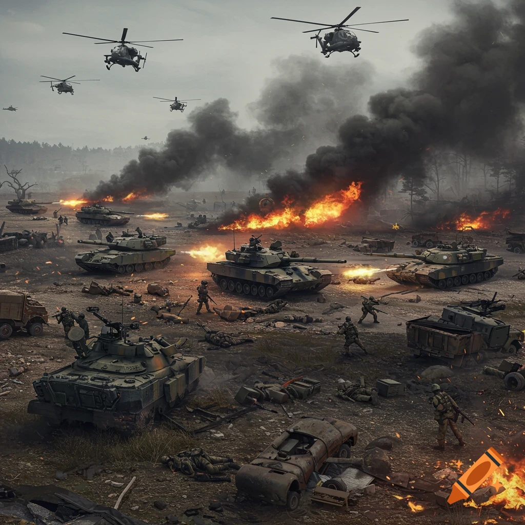 Realistic battlefield scene with tanks, helicopters, soldiers, fire, and smoke.