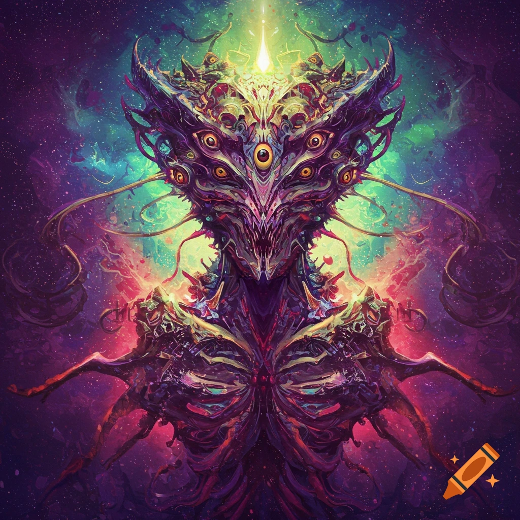 Abstract of a multi-eyed, eldritch alien creature against a cosmic background.
