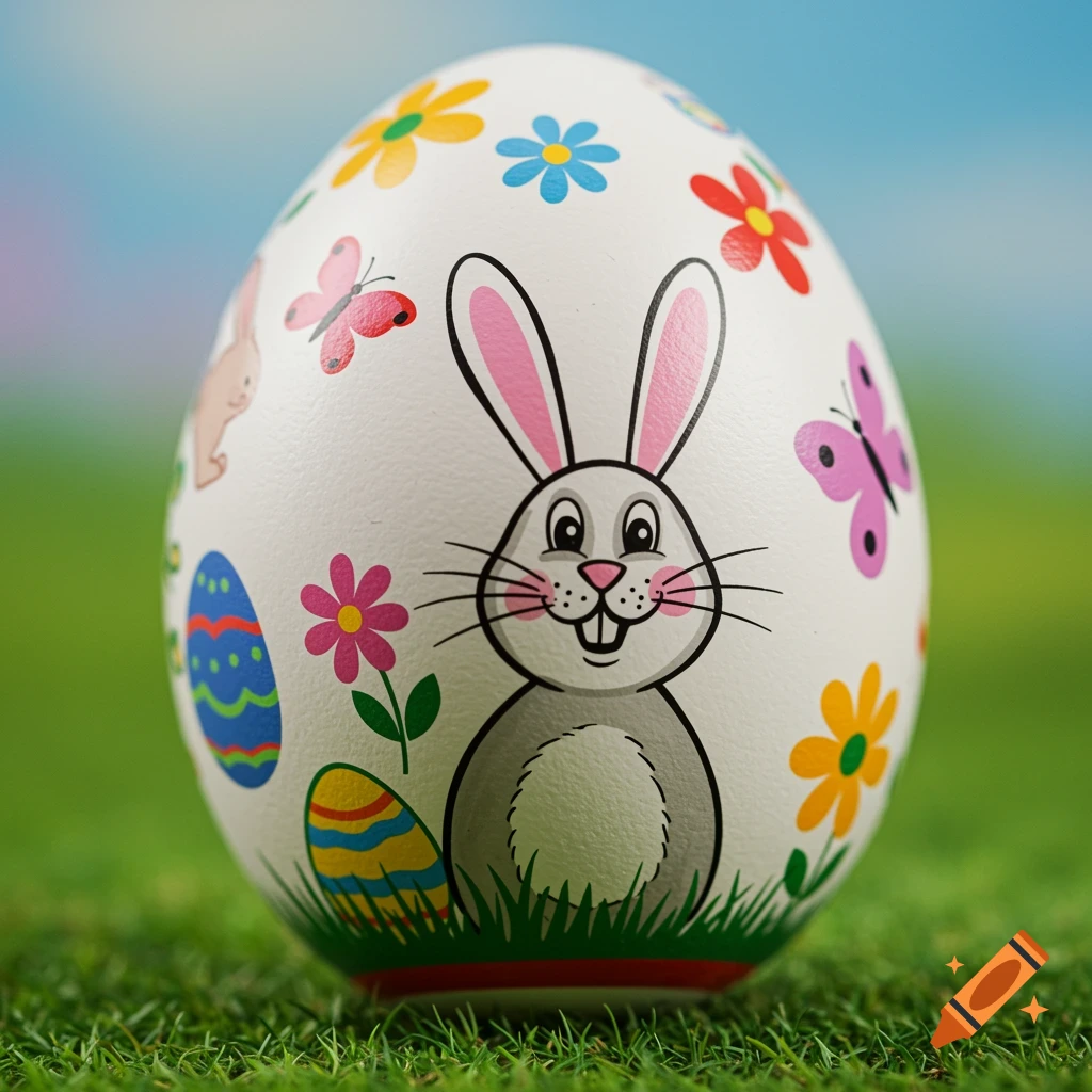 Close-up of a white Easter egg decorated with a bunny, colorful flowers, butterflies, and small Easter eggs on green grass.