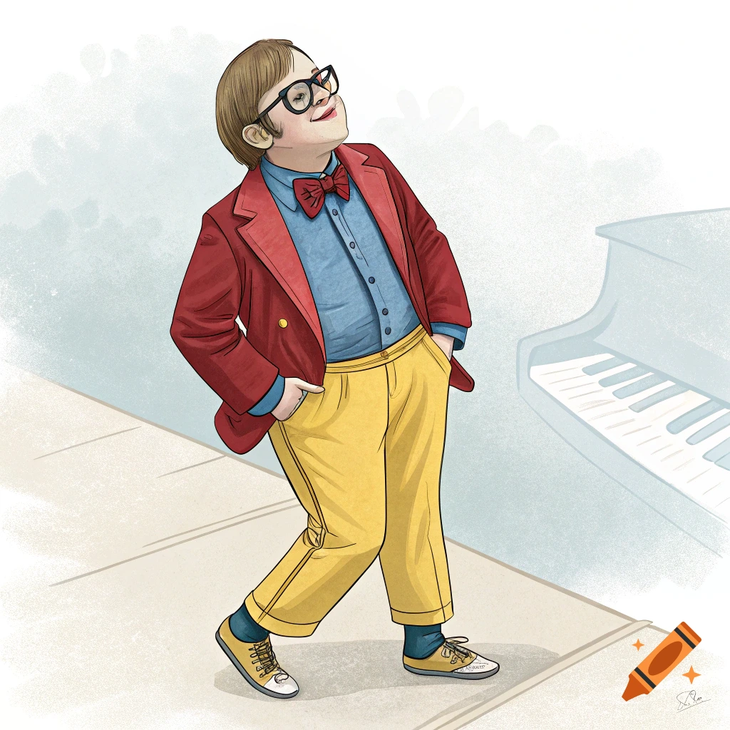 Cartoon illustration of a boy in a red blazer and yellow pants walking next to a piano.