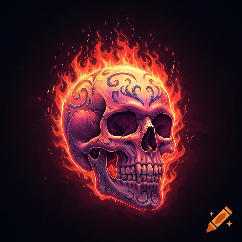 A stylized skull surrounded by flames, digital art