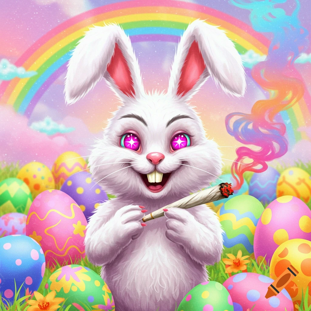 A cartoon Easter bunny with glowing pink eyes holding a lit joint, surrounded by colorful Easter eggs and a rainbow in a field.
