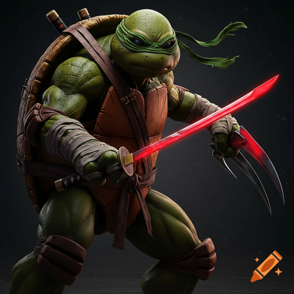 A detailed 3D render of a ninja turtle with a green mask, holding a glowing red katana and metal claws.