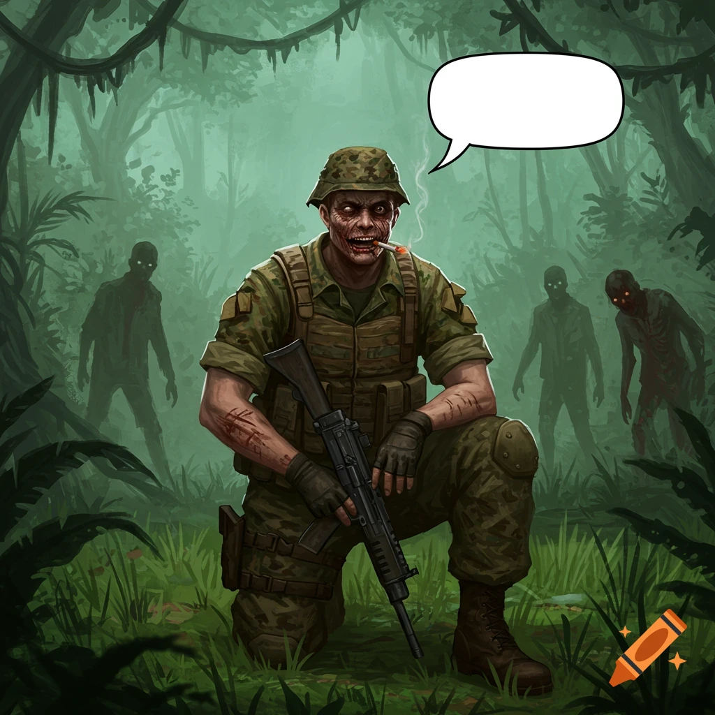 A zombie soldier kneels in a jungle with other zombies in the background.