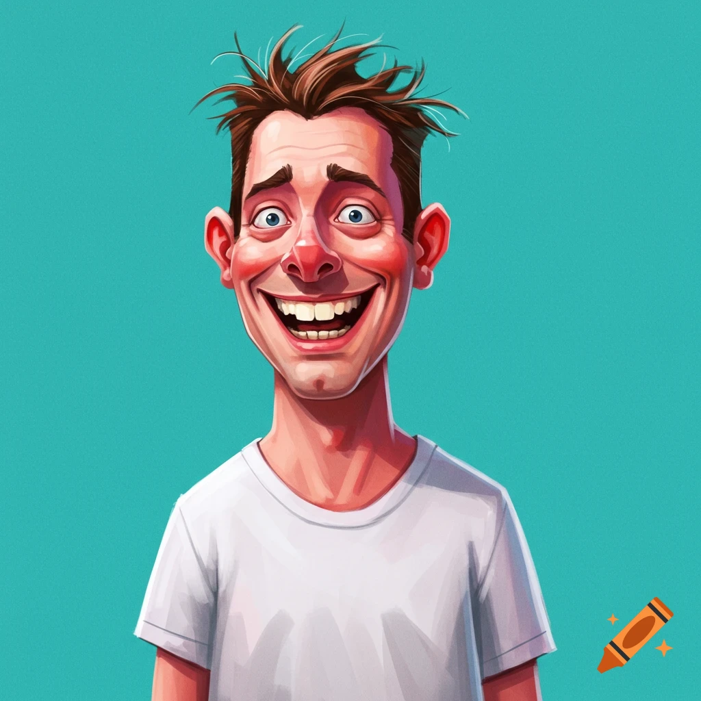 A caricature of a wide-grinning man with messy hair wearing a white t-shirt against a teal background.