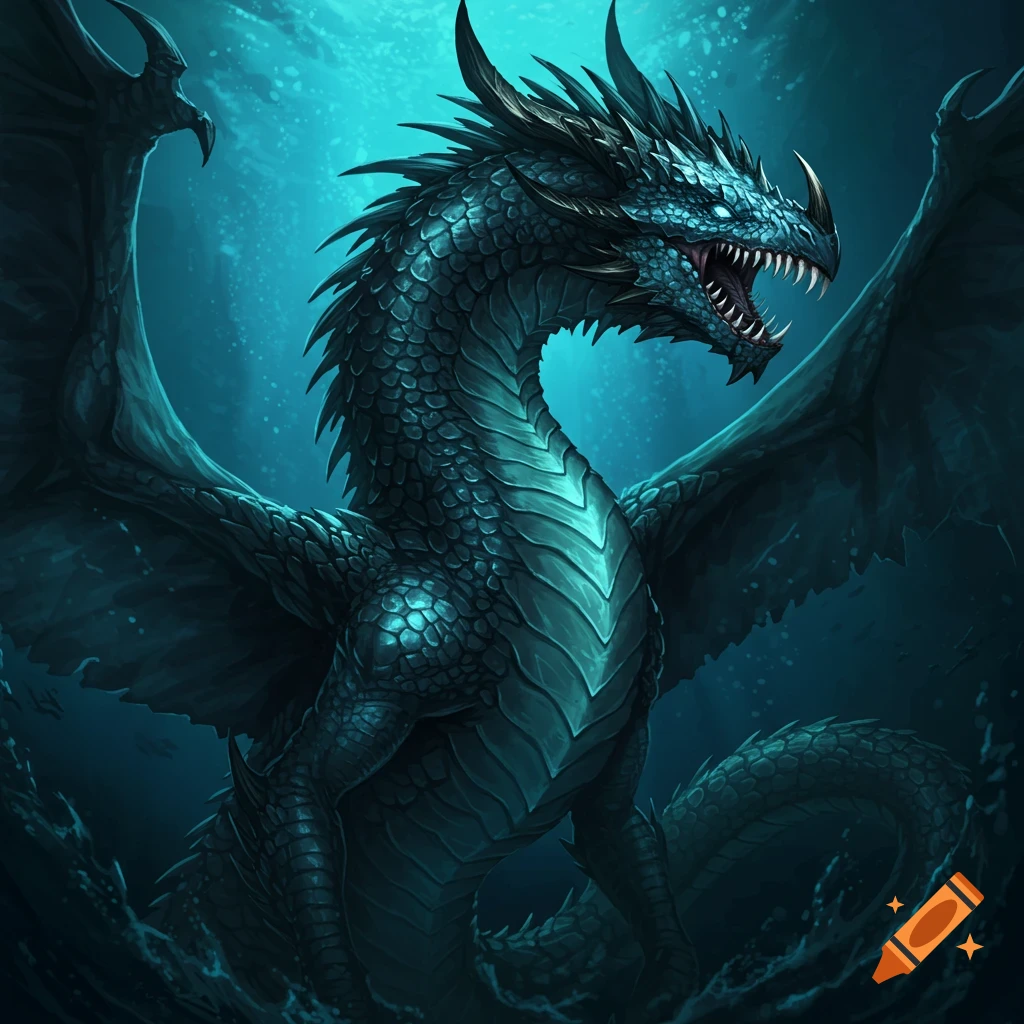 A fearsome blue-green dragon in a dark, watery environment.