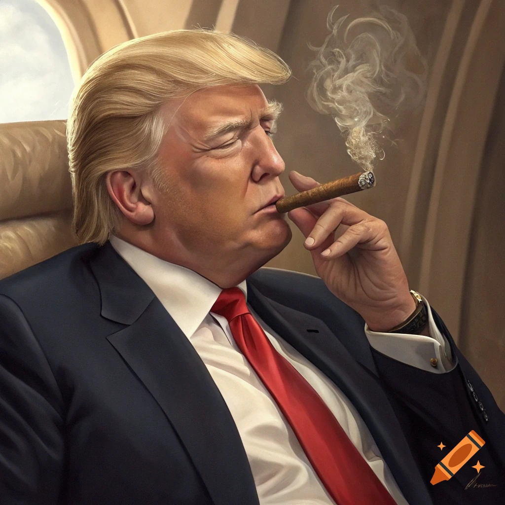 Portrait of Donald Trump smoking a cigar in a suit on a private jet, realistic painting style.