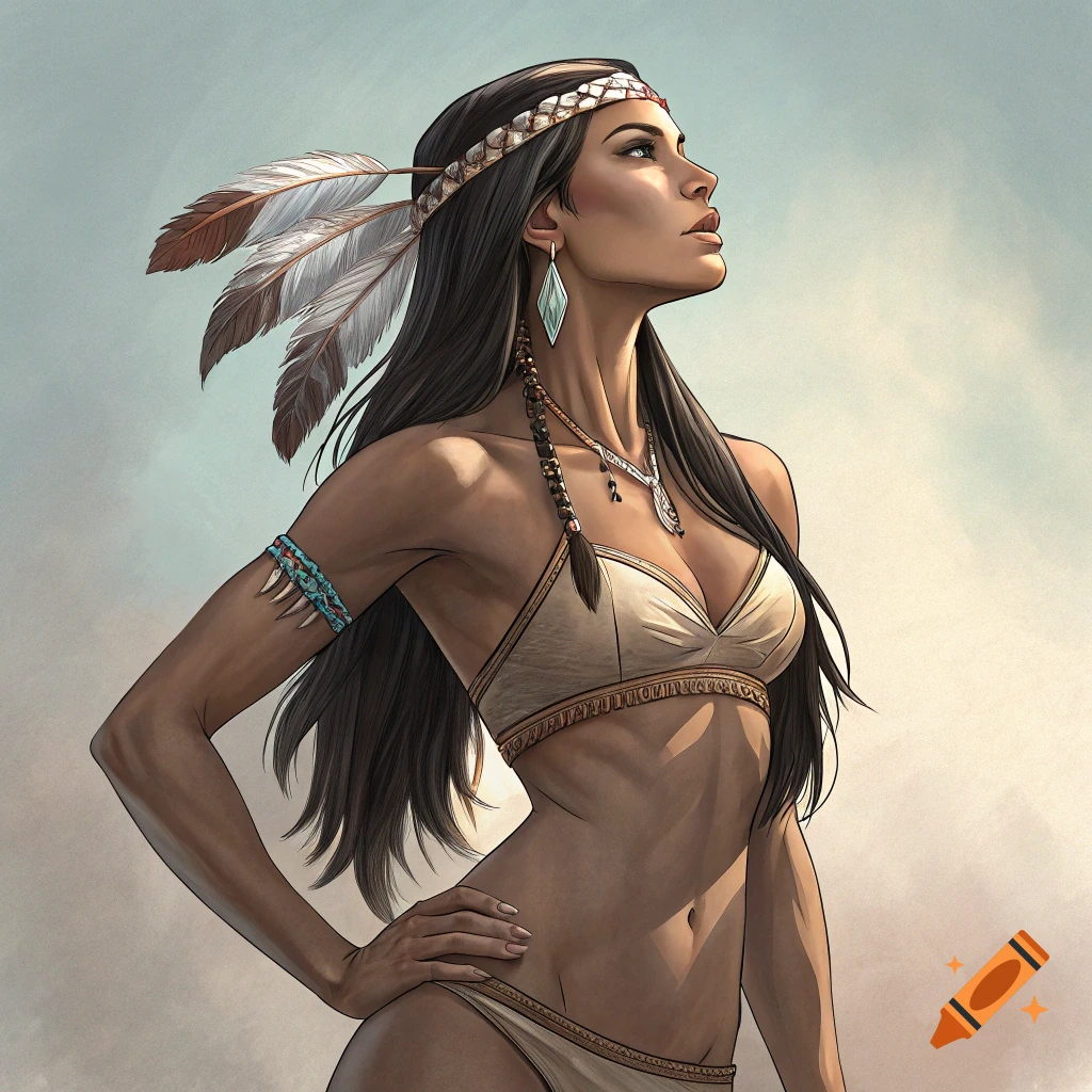 Illustrative portrait of a woman wearing a feathered headband and tribal clothing, looking up.