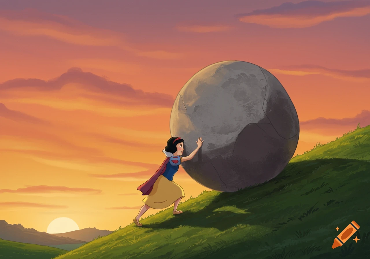 Snow White pushes a giant boulder up a hill at sunset in 2D digital art