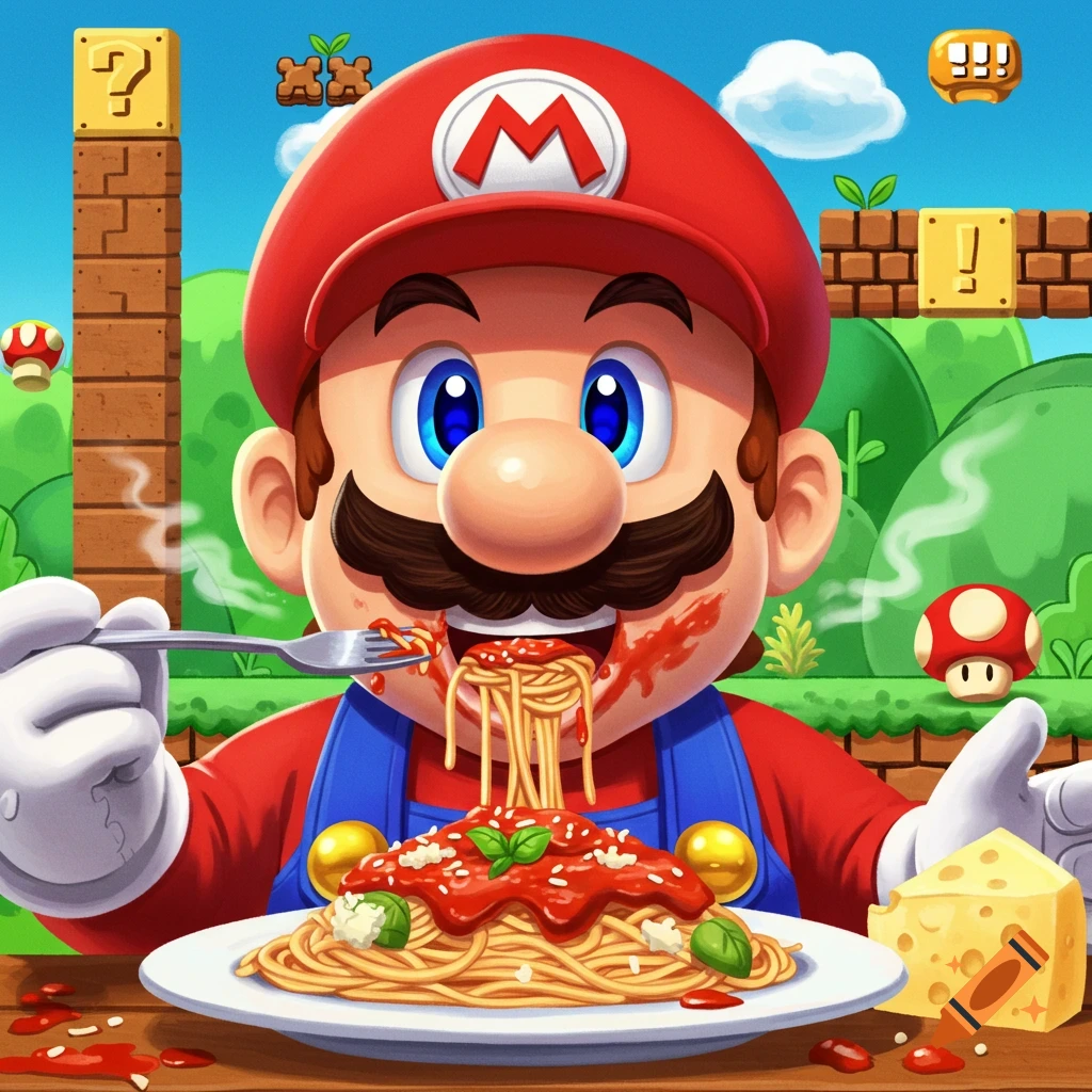 Mario eating spaghetti in a Super Mario video game setting.