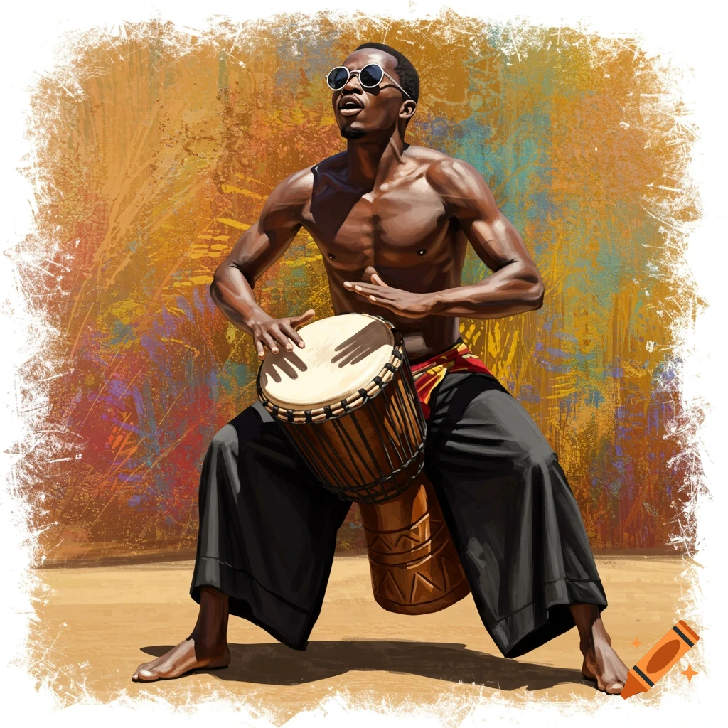 A vibrant image of an African man playing a djembe drum.