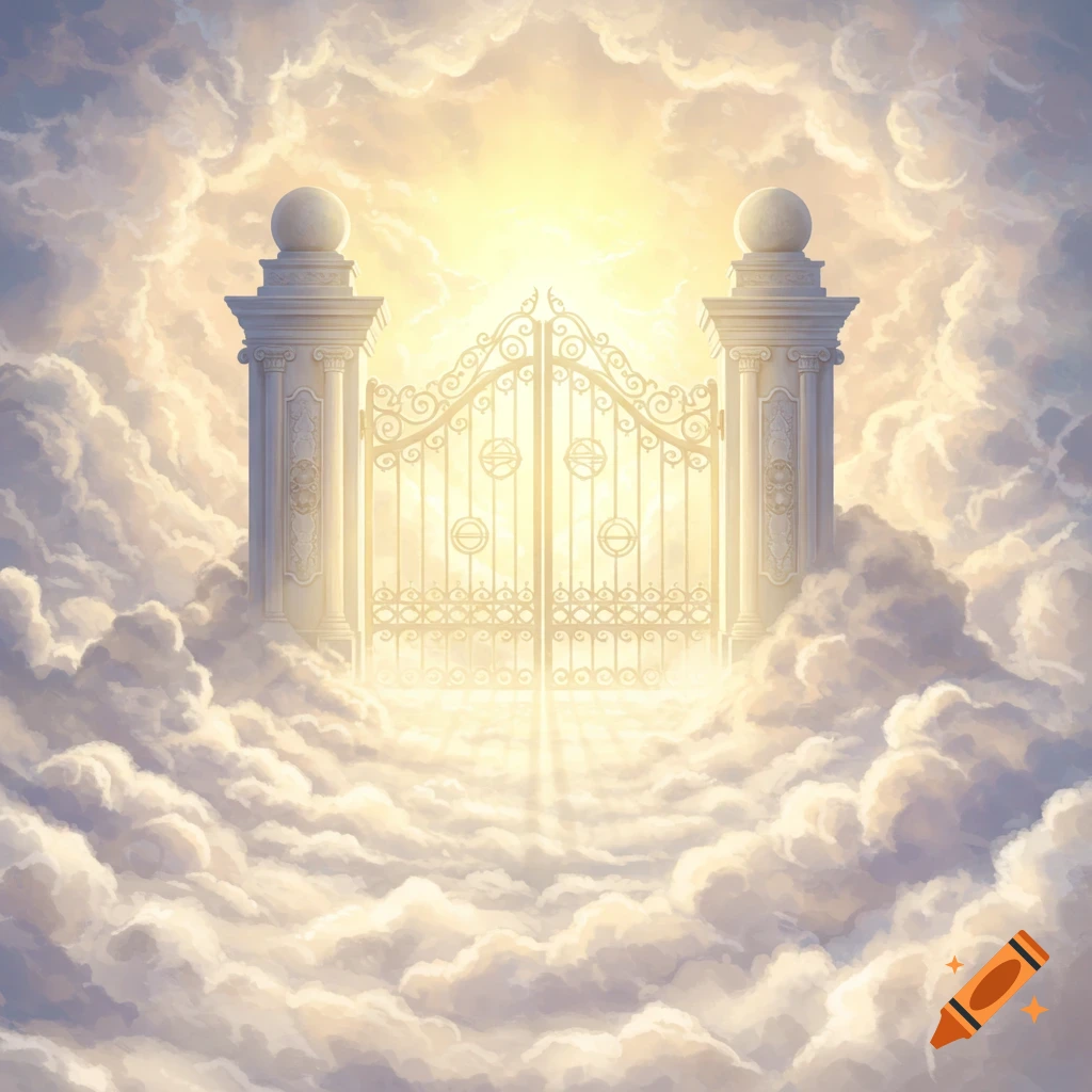 Ornate golden gates surrounded by bright light and clouds.