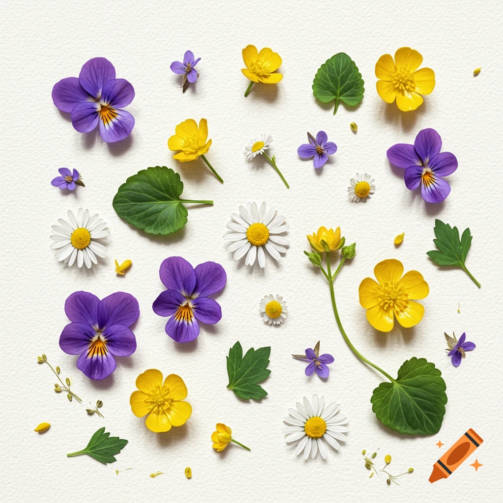 Flat lay arrangement of purple pansies, yellow buttercups, white daisies, and green leaves on a textured background.