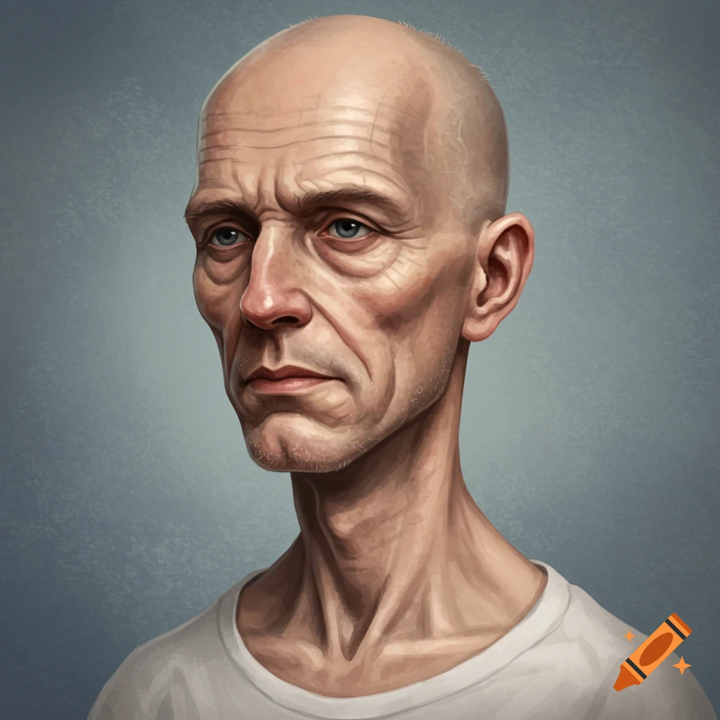 A bald, slender older man in a white t-shirt.