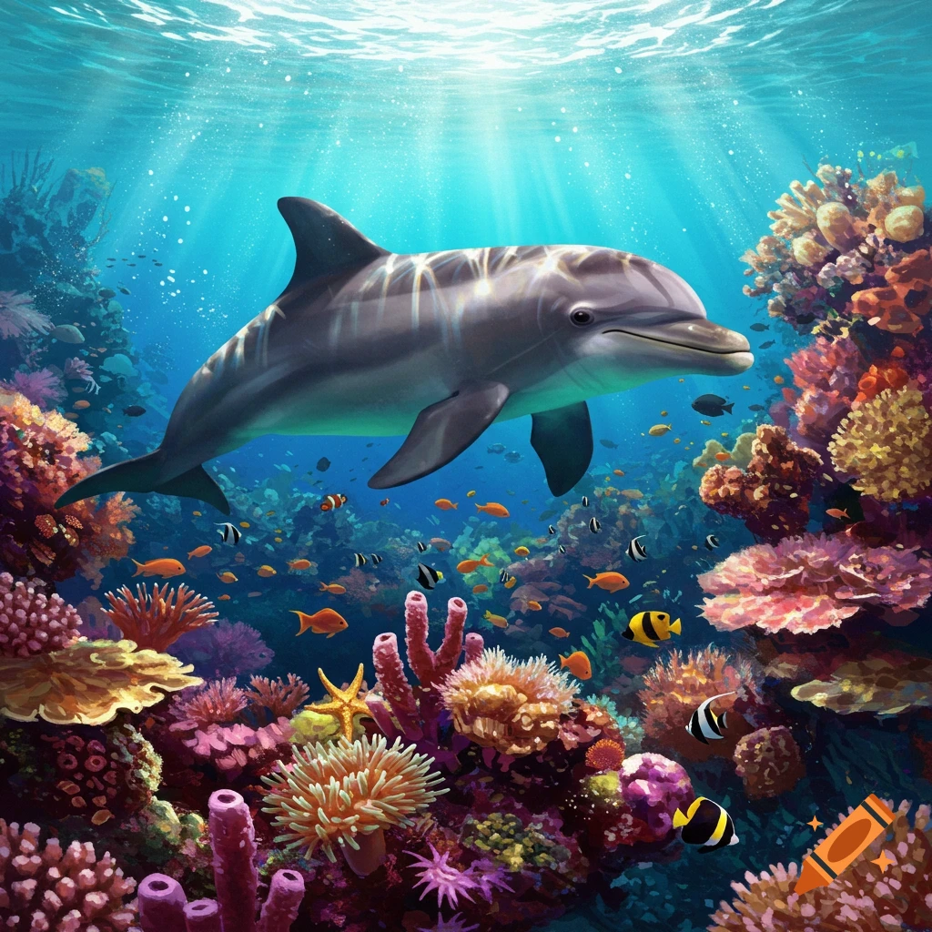 A dolphin swimming in a vibrant coral reef.