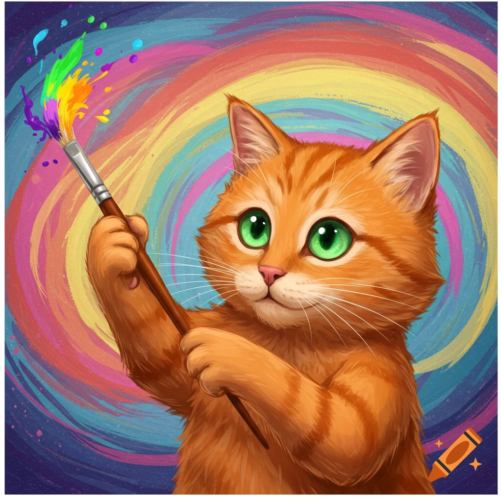 An orange tabby cat holding a paintbrush with rainbow colored paint dripping, in front of a colorful swirled background.