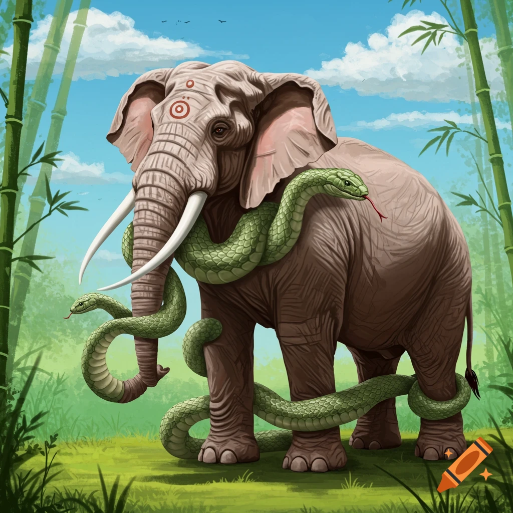 An elephant is wrapped in green snakes in a jungle.