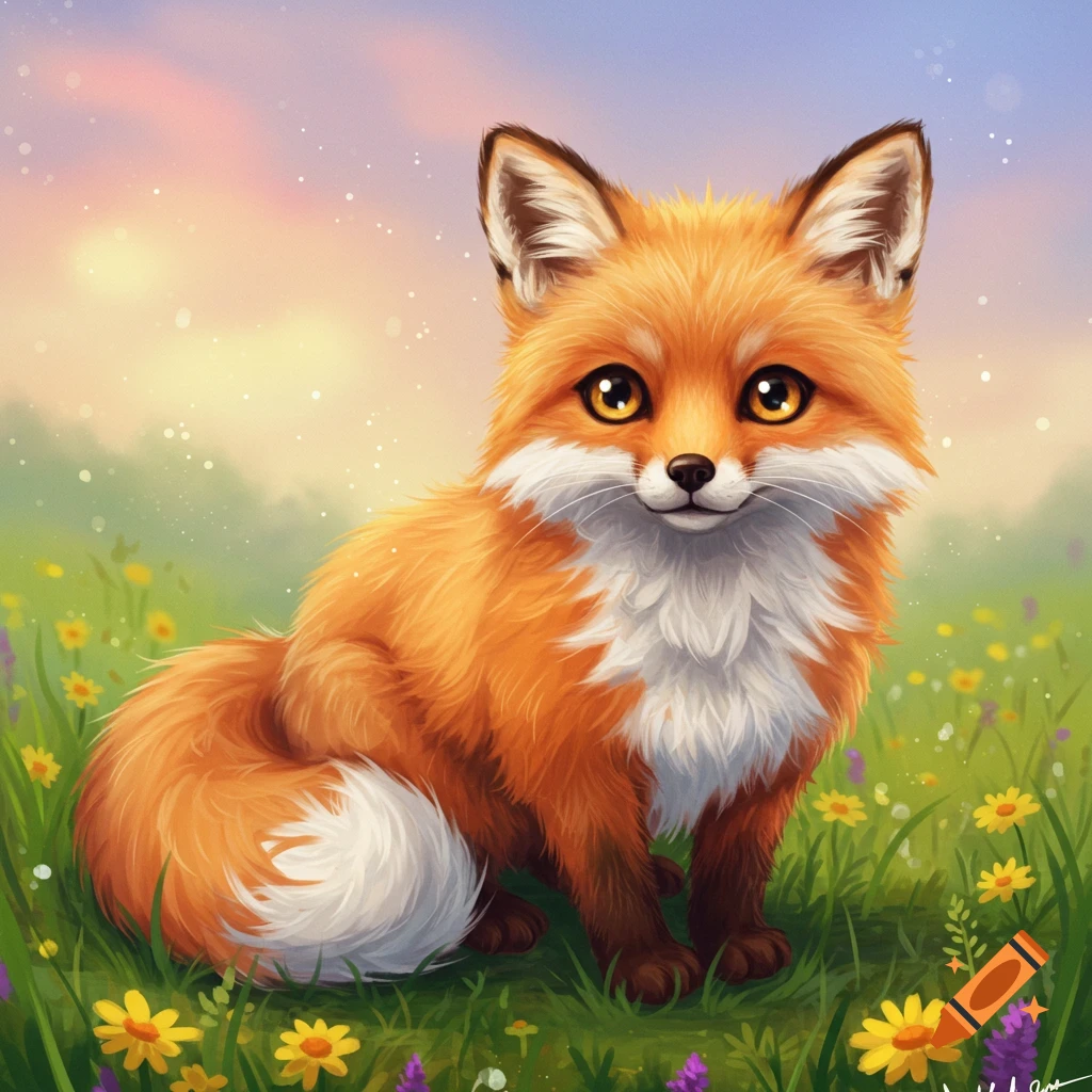 A cute fox sitting in a field of colorful flowers under a sunset sky.
