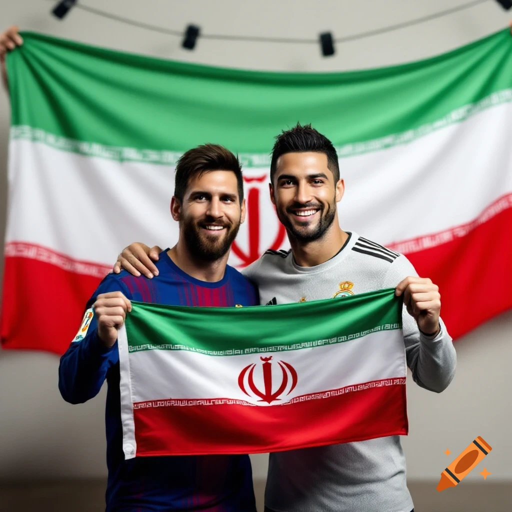 Messi and Ronaldo holding the Iranian flag together.