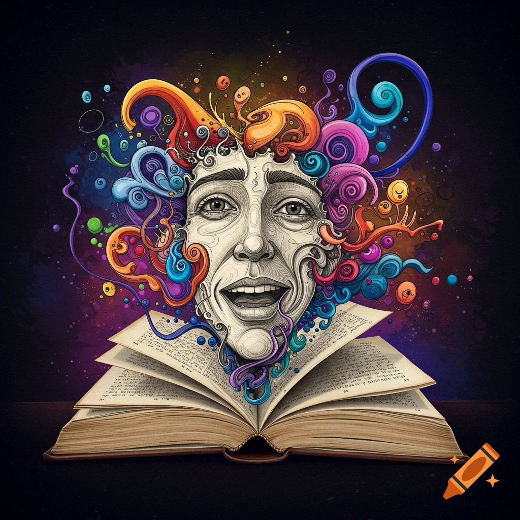 Surreal pencil sketch face with colorful abstract shapes emerging from an open book.