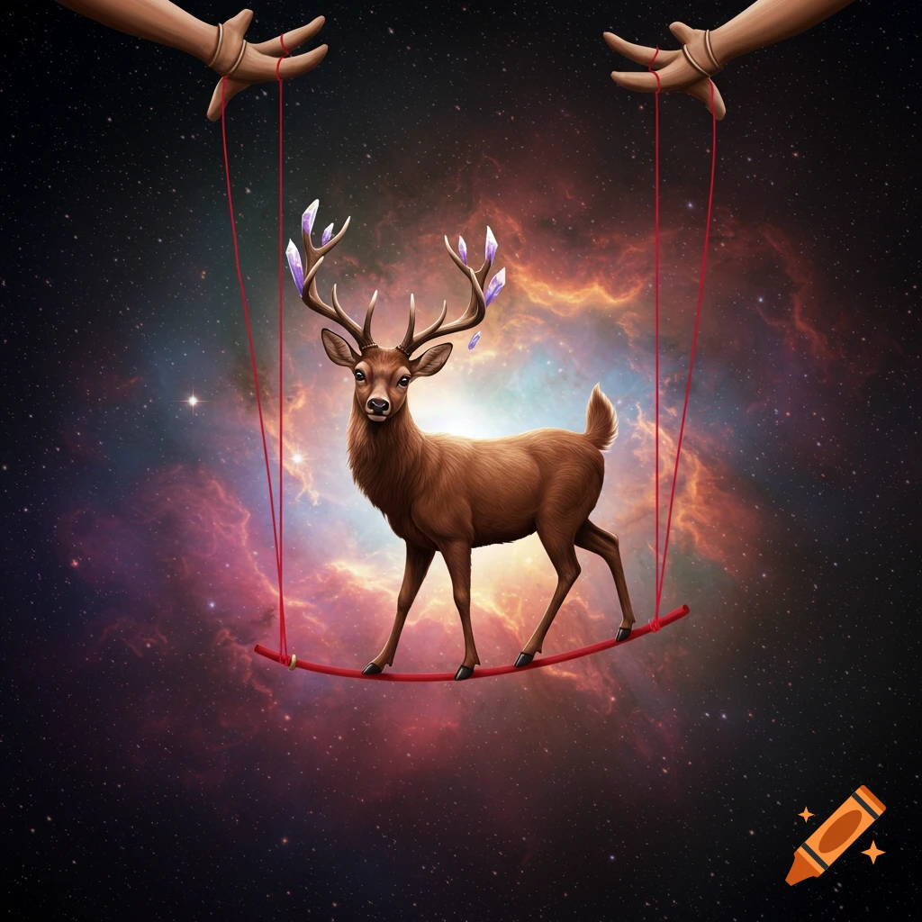 A deer with crystal antlers is on a swing held by puppet strings in space.