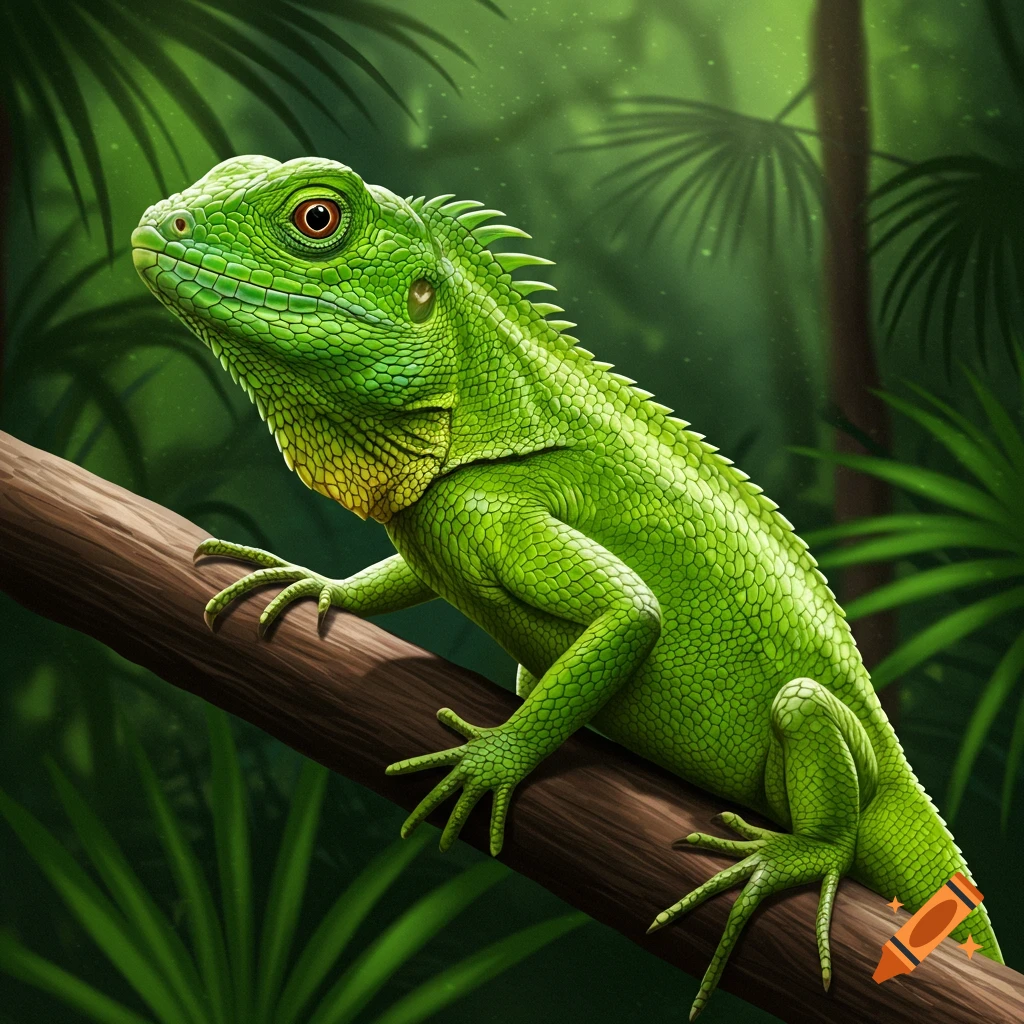 A detailed image of a bright green lizard perched on a tree branch in a lush jungle.