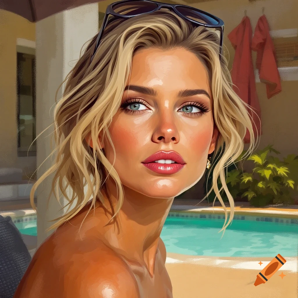Portrait of a woman with blonde hair and sunglasses on her head, sunbathing by a pool.