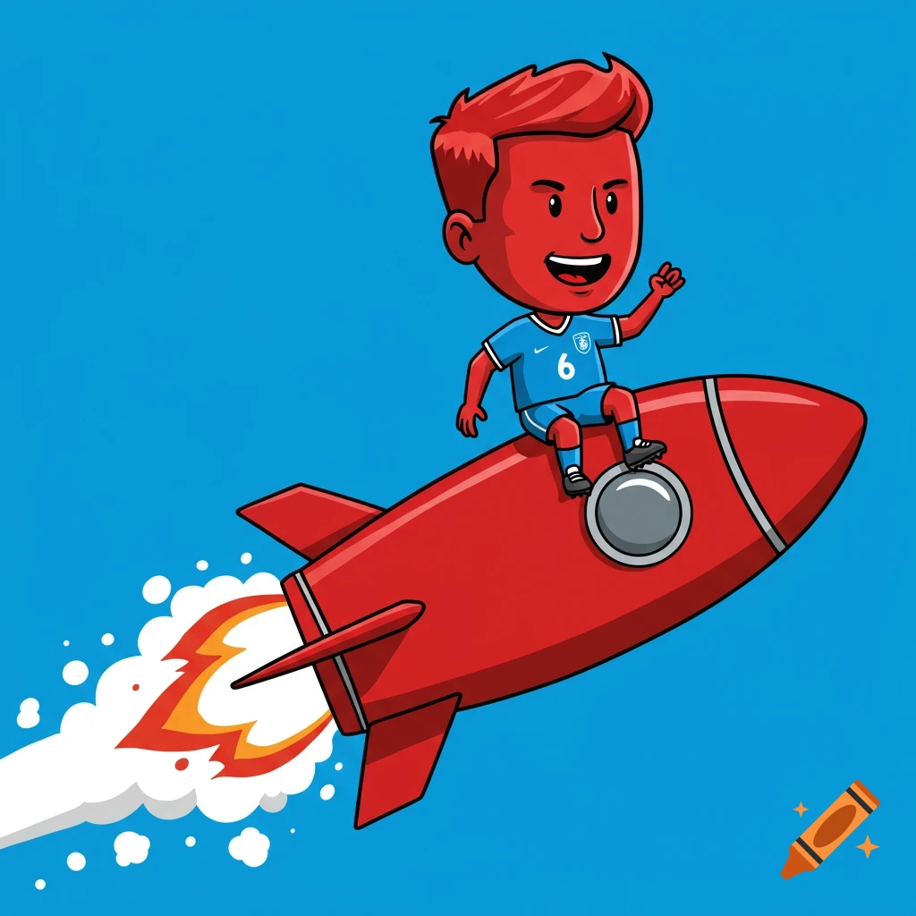 A cartoon boy in a blue soccer jersey with the number 6 sits on a red rocket flying through the air. Vector art.